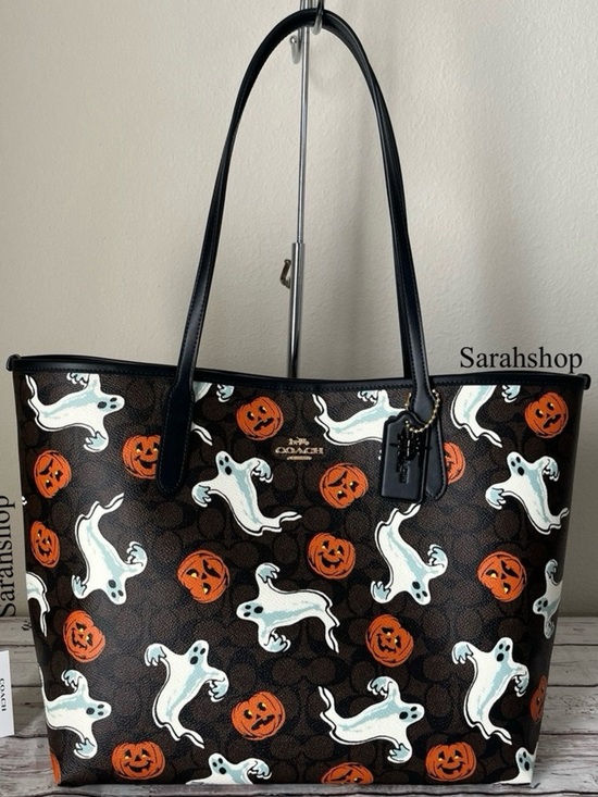 Coach Handbags - Coach Brown Ghost & Pumpkin Print Tote with Black Trim